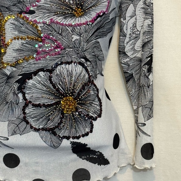 A-95 Juliette Black & White Floral &‎ Dot Sequin Detail 3/4 Sleeve Blouse Size S - Picture 3 of 15